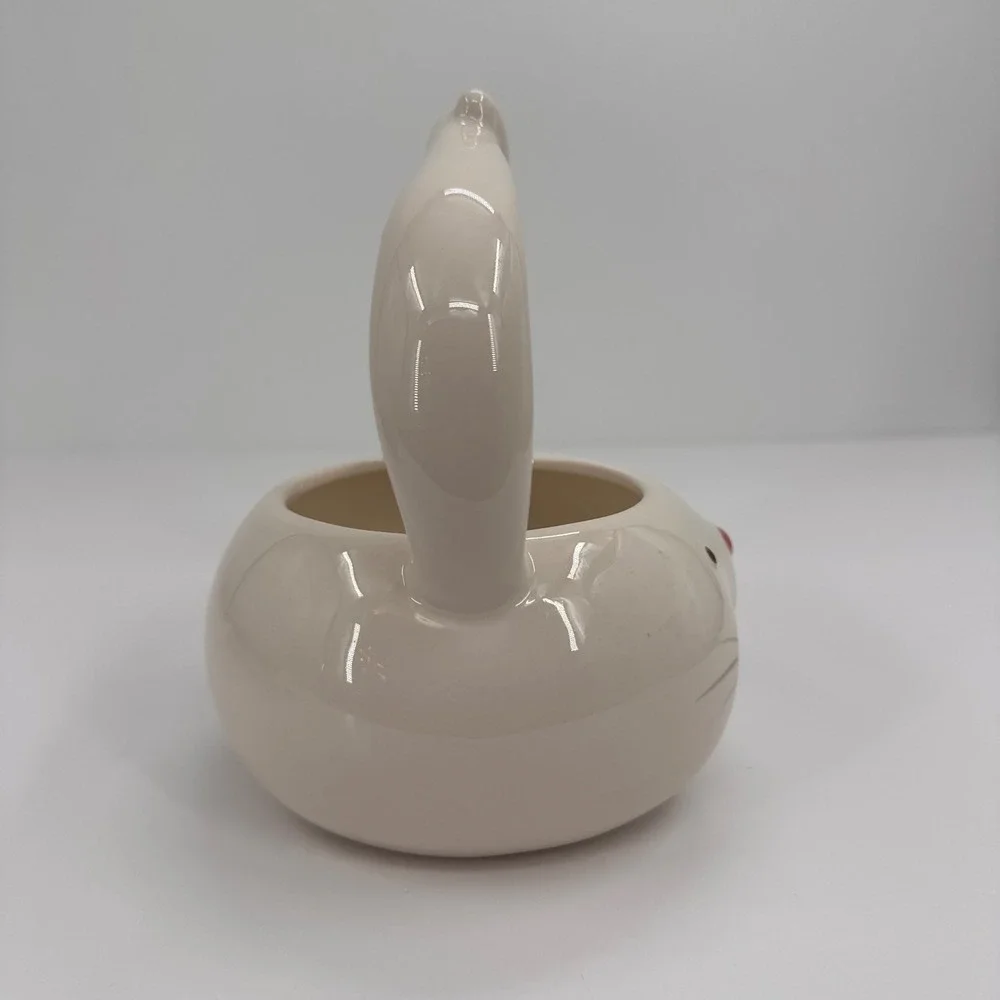 Blooming Blooms Ceramic Easter Bunny Basket Figural Rabbit Candy Dish White Pink